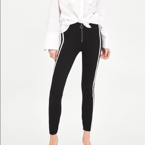 Zara Black Leggings with White Stripes - Picture 1 of 5